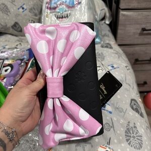 Loungefly Minnie Disney Black and Pink Polka Dot Bow Clutch with crossbody strap